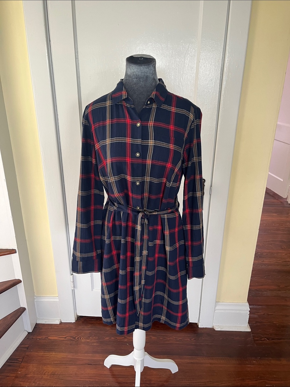 Tommy Hilfiger Navy Plaid Long-Sleeve Shirt Dress with Waist Tie